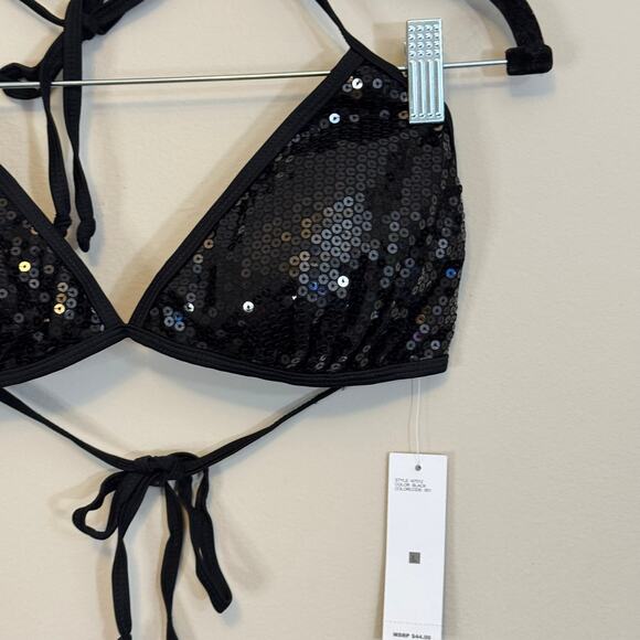 Kensie Two Piece Bikini Set L Black Sequins Halter Tie Straps Beach Summer NWT - Picture 4 of 16